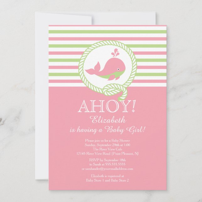 Ahoy!  Nautical Whale Girls Baby Shower Invitation (Front)