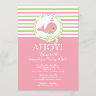 Ahoy!  Nautical Whale Girls Baby Shower Invitation