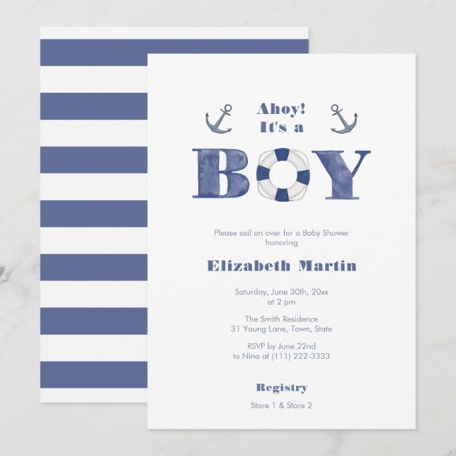 Ahoy! Navy Blue And White Nautical Boy Baby Shower Invitation (Front/Back)