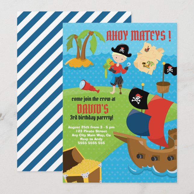 Ahoy! Pirate Ship Boy Pirate Birthday Party Invitation (Front/Back)