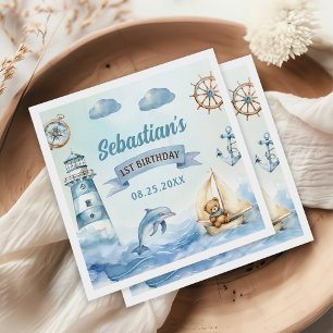 Ahoy Sailor Nautical Boat Blue 1st Birthday Napkin