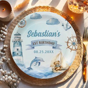 Ahoy Sailor Nautical Boat Blue 1st Birthday  Paper Plate