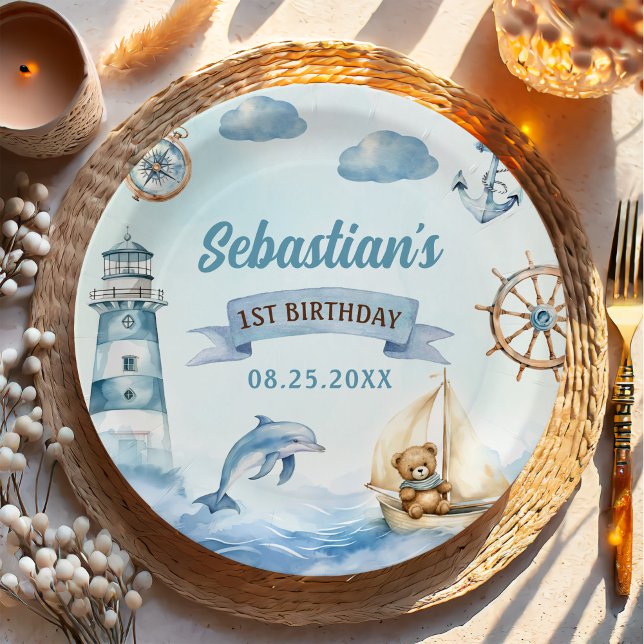 Ahoy Sailor Nautical Boat Blue 1st Birthday  Paper Plate (Creator Uploaded)