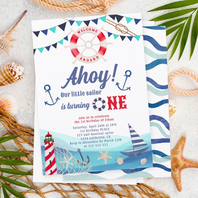 Ahoy sailor nautical boat blue red 1st birthday invitation (Creator Uploaded)