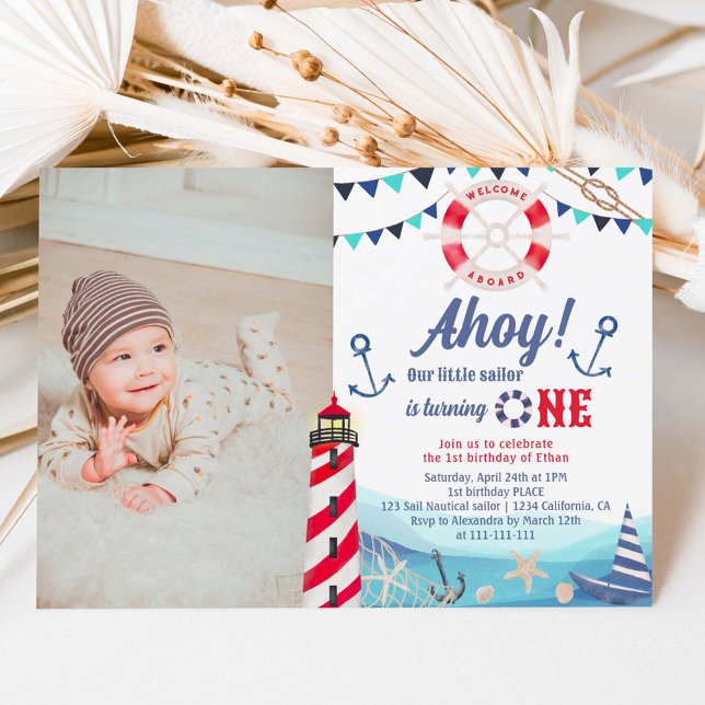 Ahoy sailor nautical boat blue red 1st birthday invitation (Creator Uploaded)