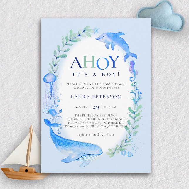 Ahoy Sea Animals Nautical Blue Boy Baby Shower Invitation (nautical baby boy shower invitation ahoy under the sea whale dolphin blue watercolor modern cute)