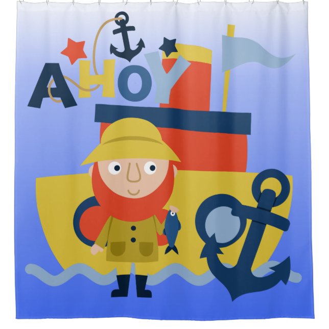 Ahoy Sea Captain and Fishing Boat Ocean Sea Shower Curtain (Front)