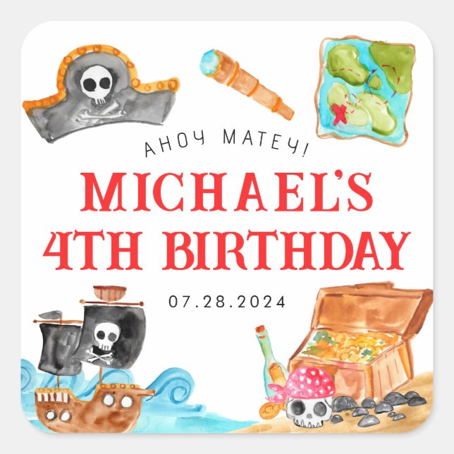Ahoy Shipmates Treasure Hunt Ship Pirate Birthday Square Sticker (Front)