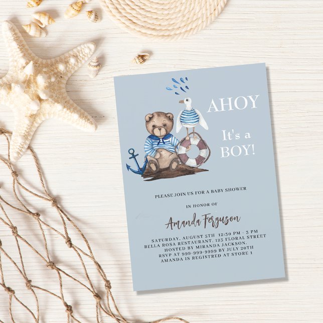 Ahoy teddy bear boy sailor luxury Baby Shower Invitation (Creator Uploaded)