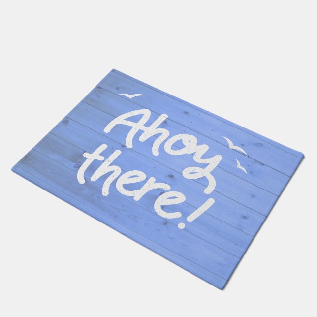 Ahoy There Maritime Blue Wood Effect Yacht Doormat (Angled)
