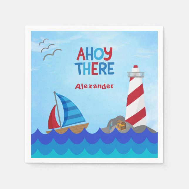 "Ahoy There" Nautical Sailboat Lighthouse Treasure Napkin (Front)
