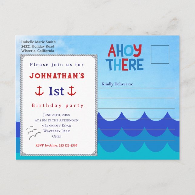 Ahoy There Nautical Theme 1st Birthday Party  Post Postcard (Back)