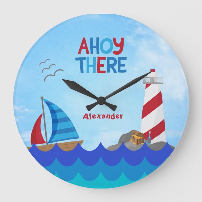 "Ahoy There" Quote Nautical Boat Lighthouse Pirate Large Clock (Front)