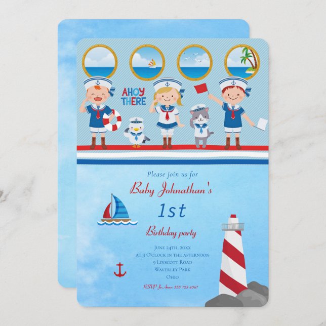 Ahoy There Red Blue White Sailors Lighthouse Boat Invitation (Front/Back)