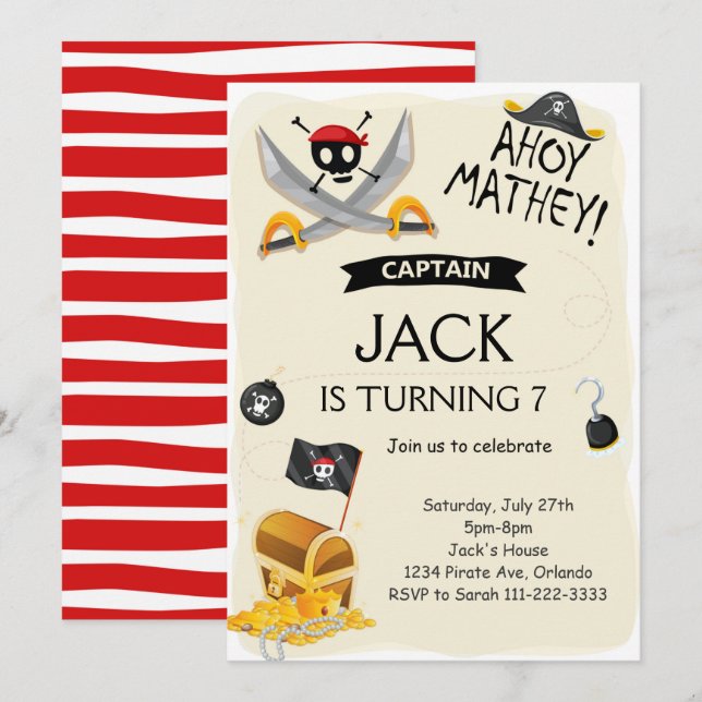 Ahoy Treasure Map Pirate Birthday Invitation (Front/Back)