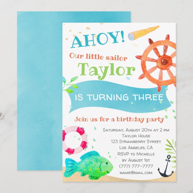 Ahoy! Watercolor Nautical Birthday Invitation (Front/Back)