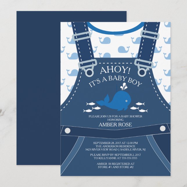 Ahoy Whale Nautical Baby Shower Invitation (Front/Back)