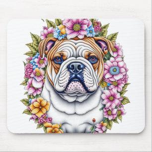 Ai Art Bulldog Surrounded by Whimsical Flowers Mouse Mat