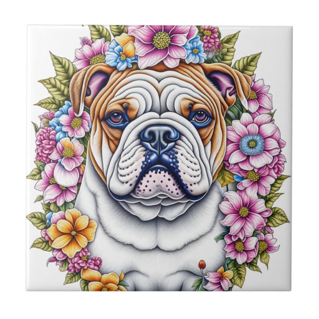 Ai Art Bulldog Surrounded by Whimsical Flowers Tile (Front)