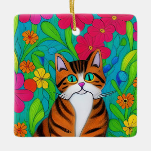 Ai Art Cat with Whimsical Flowers Christmas  Ceramic Ornament