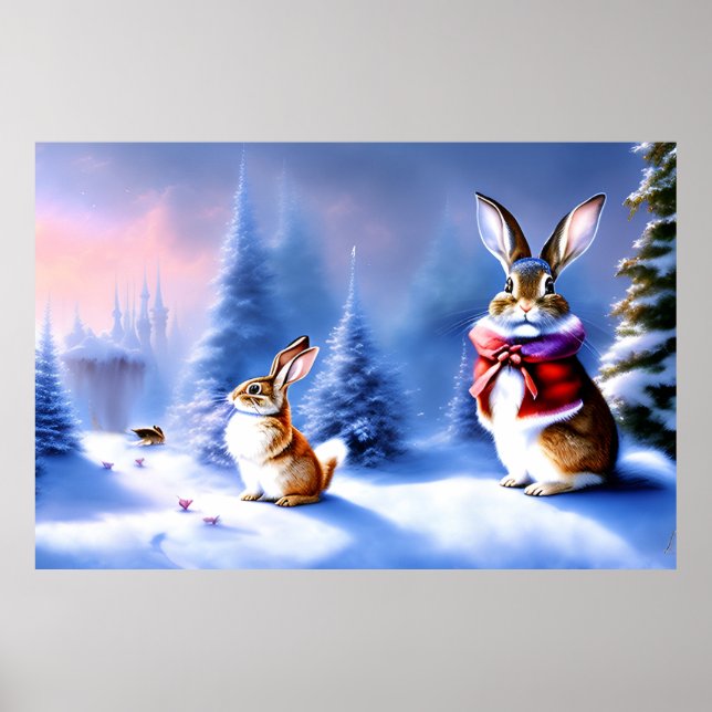 AI Art Fantasy Winterland with Lovely Rabbits Poster (Front)