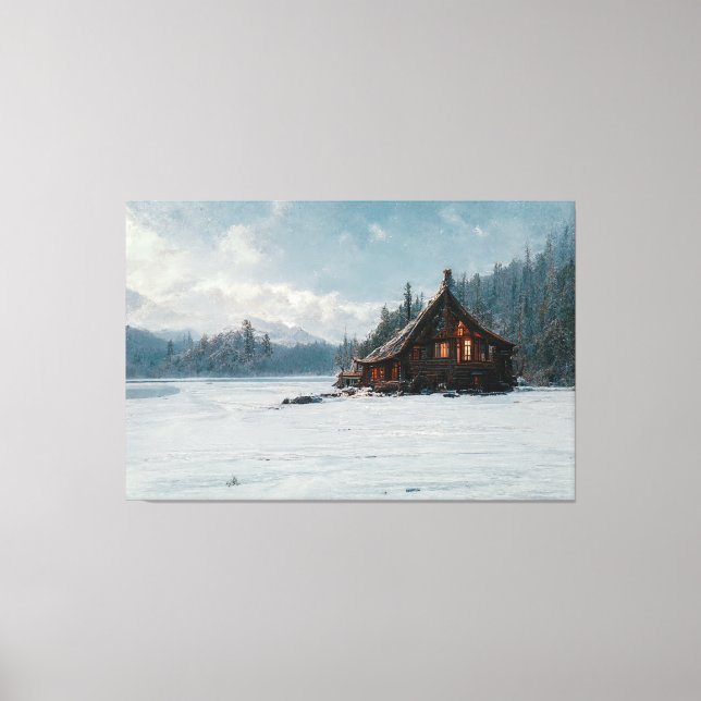 Ai Art Gallery™ - Log Cabin on a Cold Winter's Day Canvas Print (Front)