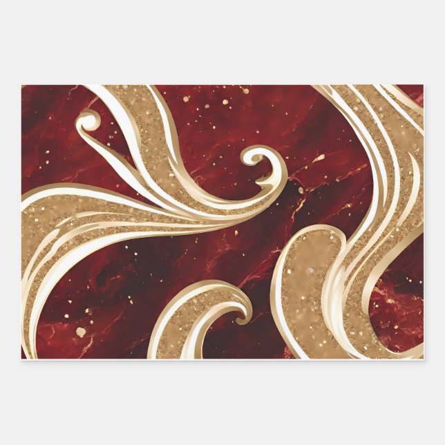 AI Art Luxe Gold Glitter Red Marble Swirls  Wrapping Paper Sheet (Front)