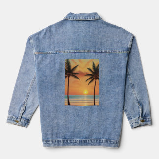 AI Art Morning Sunrise Beach Palm Trees Denim Jacket