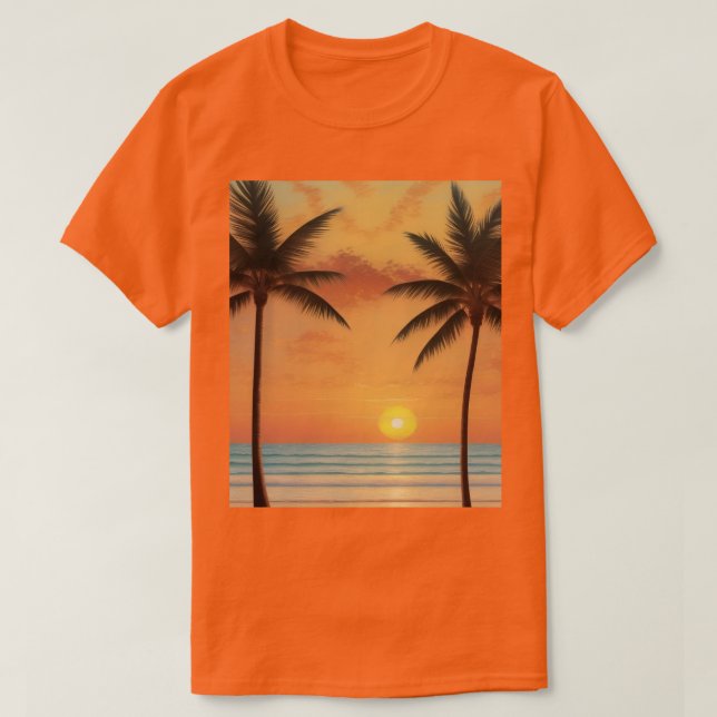 AI Art Morning Sunrise Beach Palm Trees T-Shirt (Design Front)