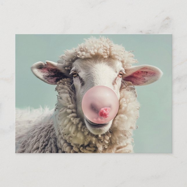 AI ART Sheep Blowing Pink Bubble Gum Bubble Postcard (Front)