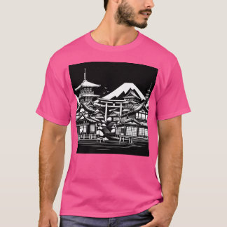 Ai Art Traditional Kyoto Buildings In Black  White T-Shirt