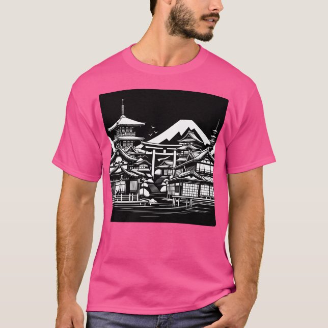 Ai Art Traditional Kyoto Buildings In Black  White T-Shirt (Front)