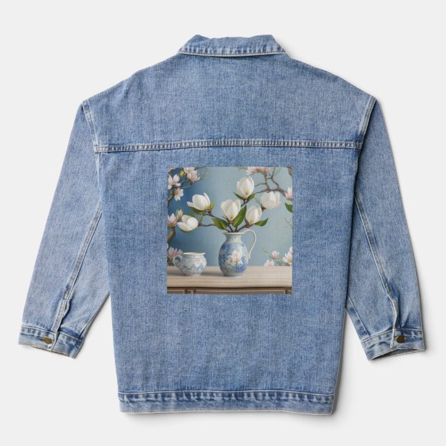 AI Art White Magnolia Flowers Denim Jacket (Back)