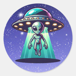 Ai Art with UFO Beaming up an Alien  Classic Round Sticker