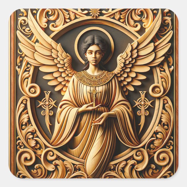 AI Beautiful Woodworked Angel  Square Sticker (Front)