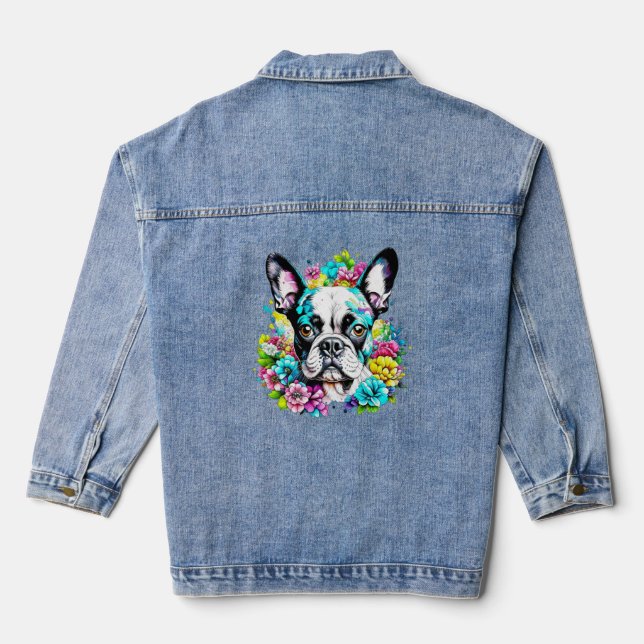 Ai Boston Terrier surrounded by Flowers Denim Jacket (Back)