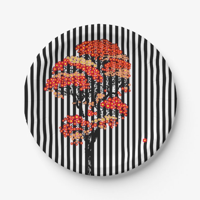 AI Flowers Tree on Black and White Vertical Stripe Paper Plate (Front)