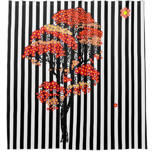 AI Flowers Tree on Black and White Vertical Stripe Shower Curtain (Front)
