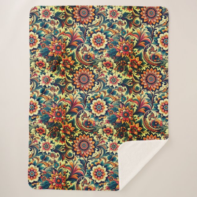 Ai generated colourful floral pattern  sherpa blanket (Front)