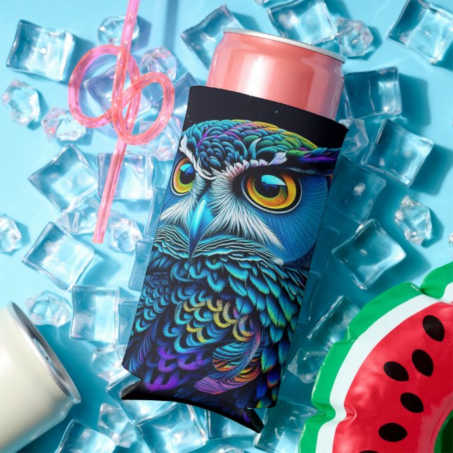 Ai generated Colourful Owl  Seltzer Can Cooler (In Situ Summer)