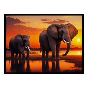 (AI generated) Elephants at Sunrise Poster