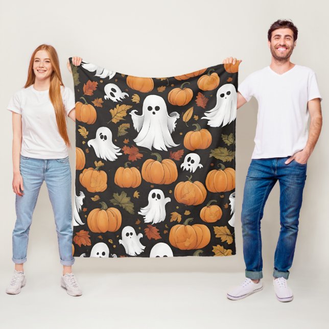 AI Generated Ghost And Pumpkin Halloween Fleece Blanket (In Situ)