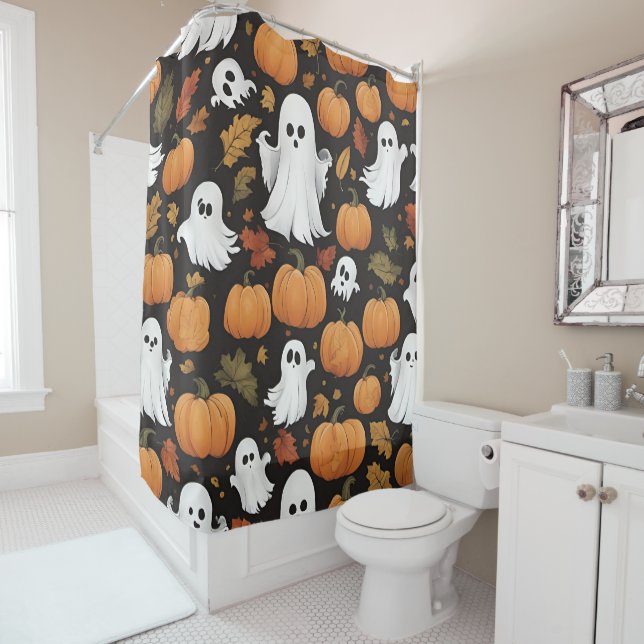 AI Generated Ghost And Pumpkin Halloween Shower Curtain (In Situ)
