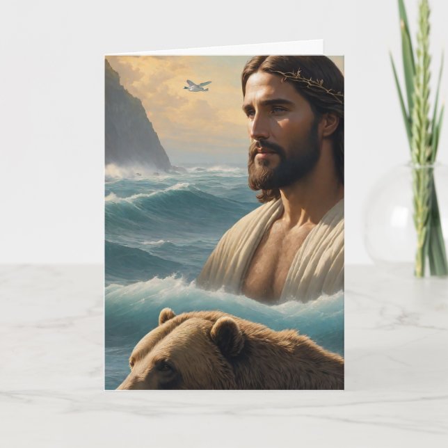 (AI Generated ) Jesus in the ocean with a bear Card (Front)