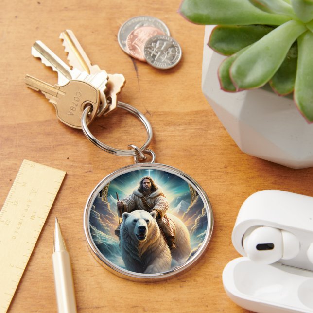 (AI Generated ) Jesus on a polar bear  Key Ring (Desk)