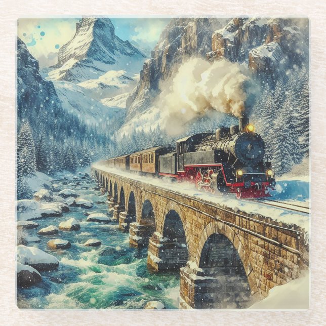 AI Generated Steam Engine Train Glass Coaster (Front)