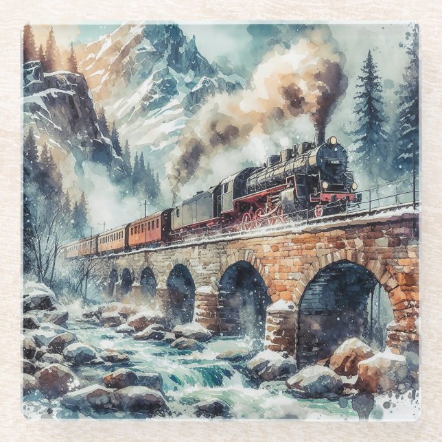 AI Generated Steam Engine Train Glass Coaster (Front)