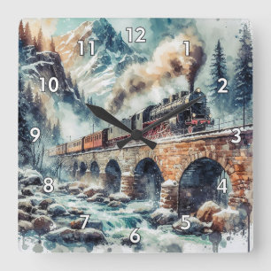 AI Generated Steam Engine Train Square Wall Clock