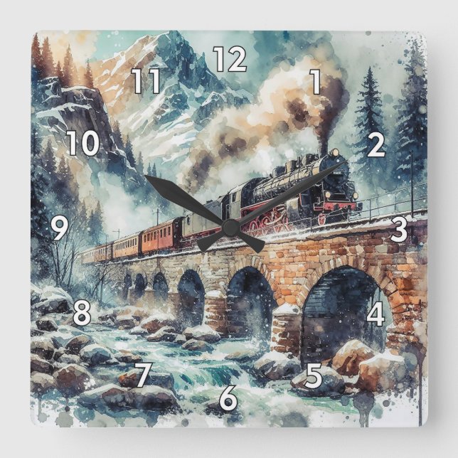 AI Generated Steam Engine Train Square Wall Clock (Front)