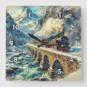 AI Generated Steam Engine Train Square Wall Clock